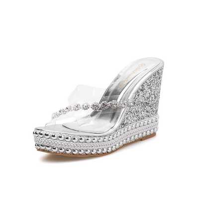 2021 new wedge with sequins cross rhinestone transparent sandals and slippers S-477