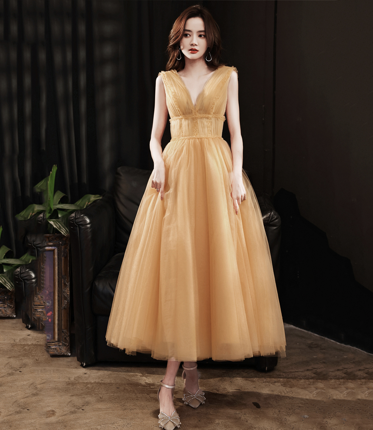 Yellow tulle tea length prom dress evening dress