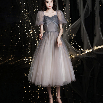 Gray tulle short a line prom dress homecoming dress - Thumbnail 3