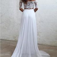 Boho Two Piece Off the Shoulder Lace Chiffon Beach Wedding Dresses - Thumbnail 1
