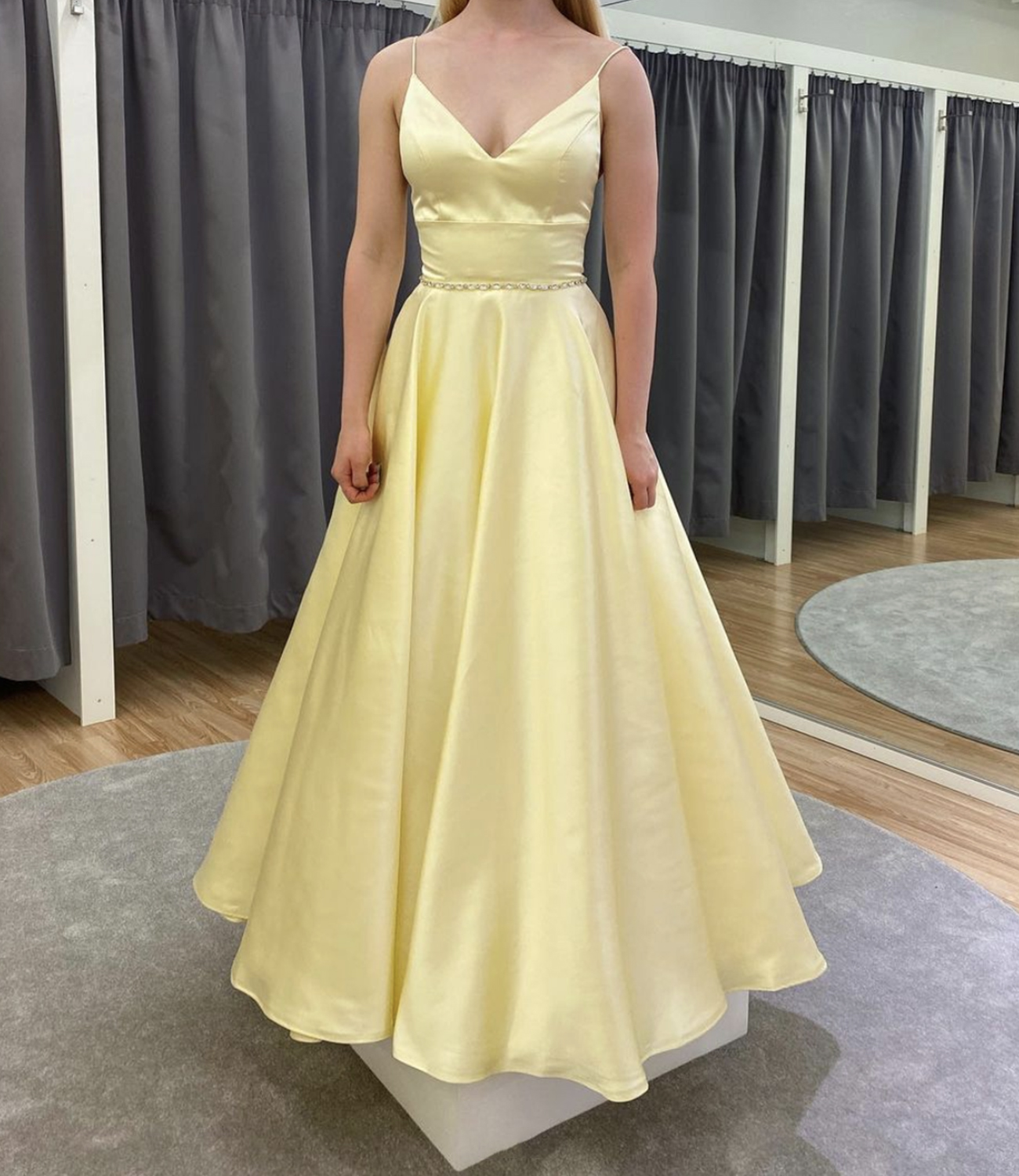 Yellow satin long A line prom dress evening dress