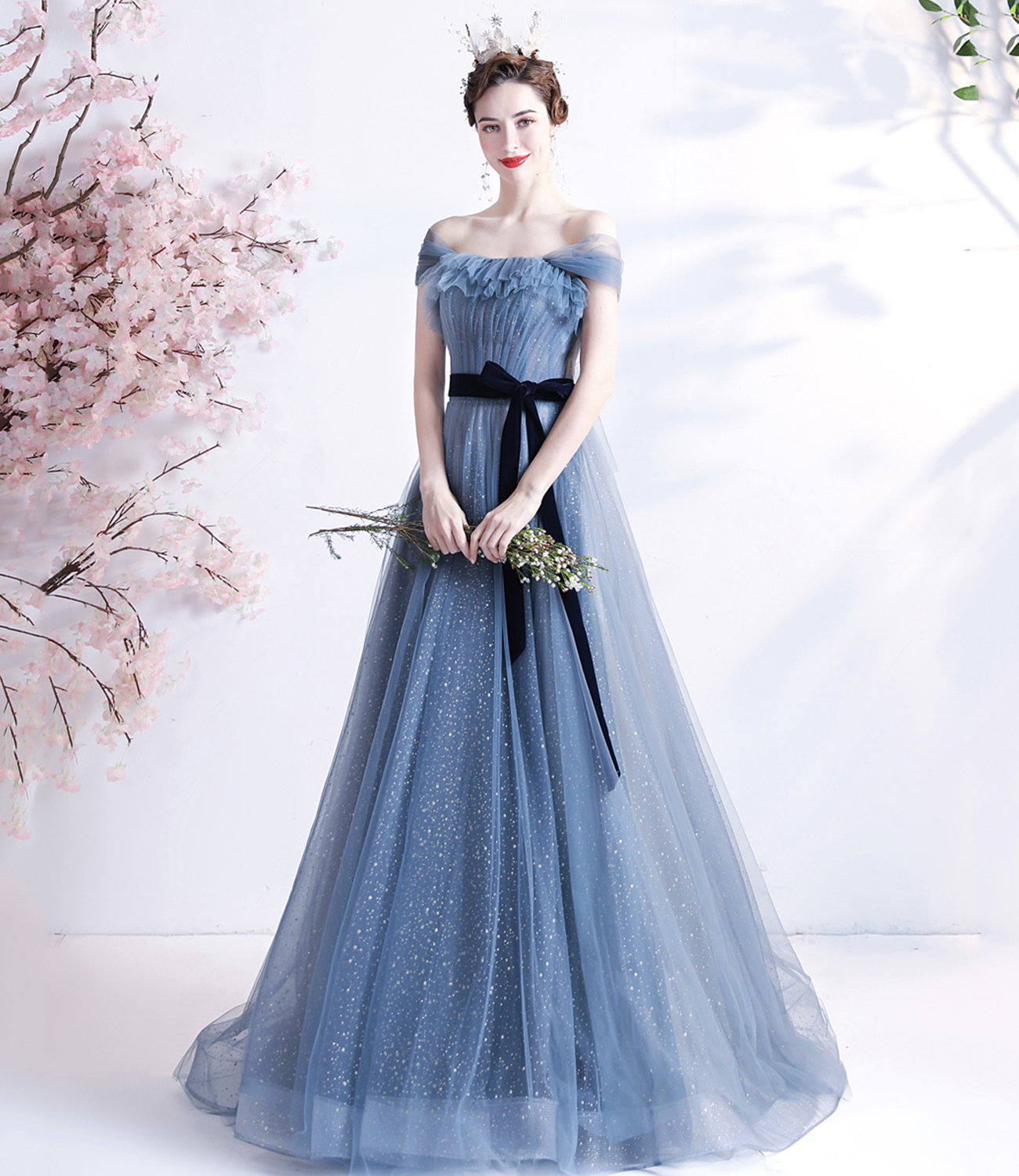 Blue tulle long A line prom dress blue evening dress