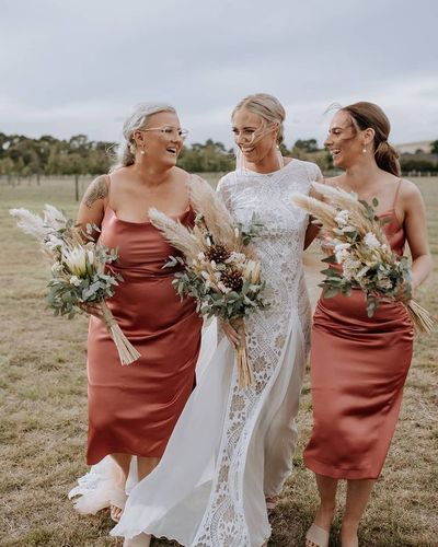 Sheath Cowl Neck Silk Satin Tea Length Bridesmaid Dresses