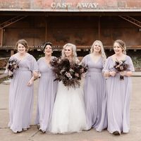 A-Line V Neck Half Sleeve Chiffon Plus Size Bridesmaid Dresses - Thumbnail 1