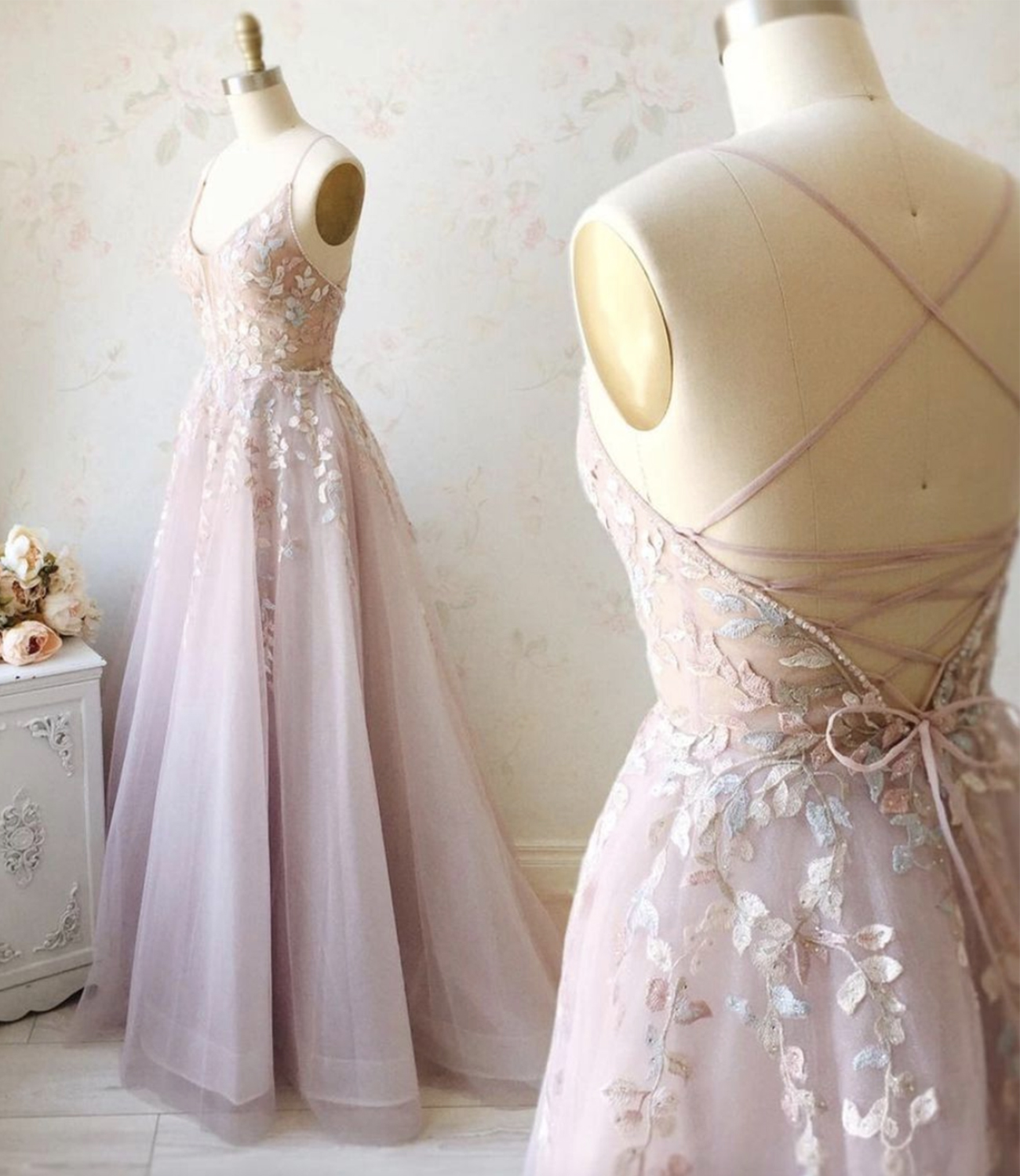Pink tulle lace long A line prom dress pink evening dress