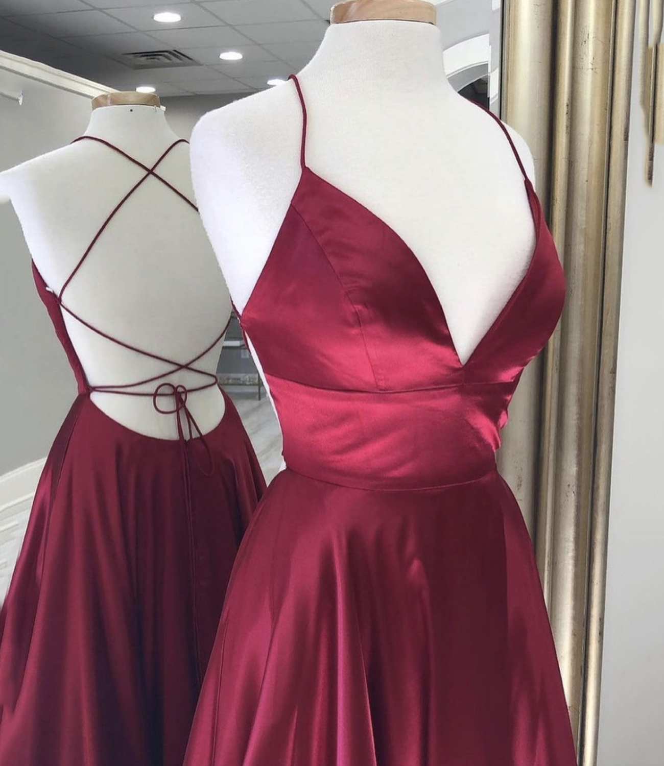 Burgundy satin long A line prom dress evening dress