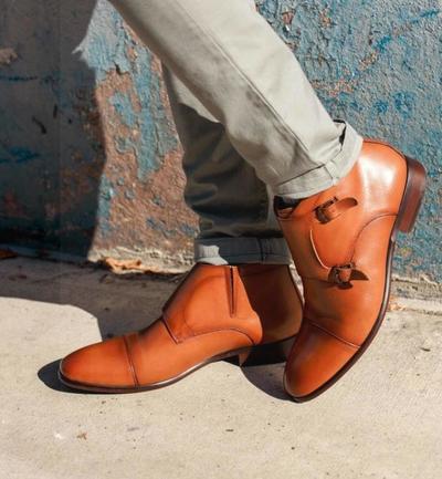 Hot Sale 2021 Men's Brown Double Monk Strap Boot, Handmade Ankle High Leather Boot