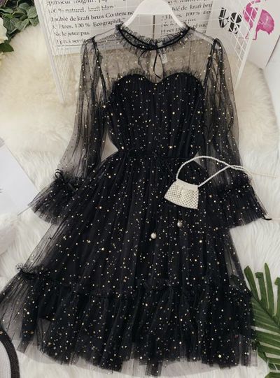 SP1519,Princess Black Starry Long Sleeves Tulle Ruffle Short Homecoming Dress,Mini Prom Evening Gown