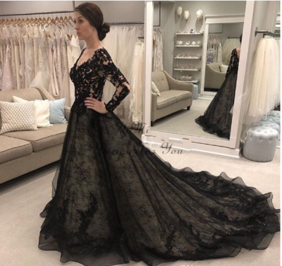 Black Gothic Wedding Dresses Long Sleeve V Neck Backless Sweep Train Lace Illusion Bodice Garden Country Chapel Bridal Gowns,528