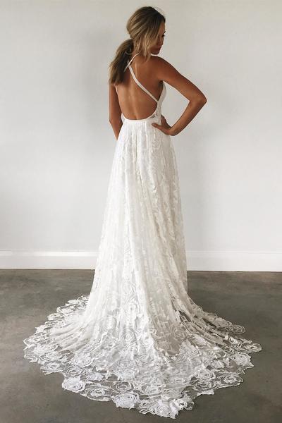 Princess White Lace Long Wedding Dress with Criss Back,Cross Back Beach Wedding Dresses,Side slit Bridal Gowns,531531