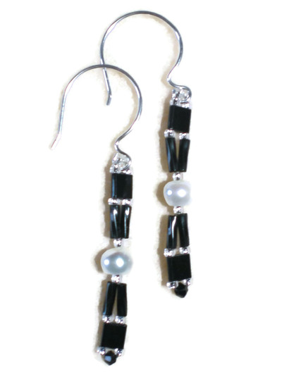 White Pearl and Black Beaded Earrings