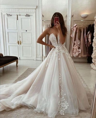 SP1533,Elegant Light Pink Tulle Applique Spaghetti Straps A line Wedding Dresses,Sleeveless Wedding Gown
