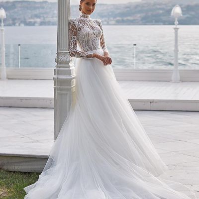 Vintage a-line high neck long sleeve wedding dresses - Thumbnail 2