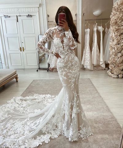 Gorgeous Mermaid High Neck Long Sleeve Lace Wedding Dresses