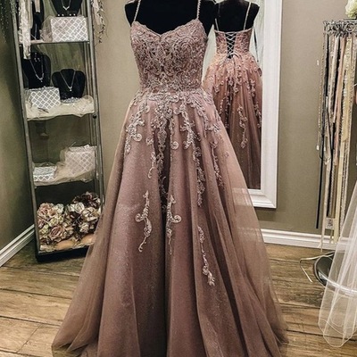 Spagehtti straps prom dresses long with appliques - Thumbnail 4