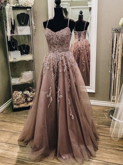 Spagehtti Straps Prom Dresses Long with Appliques