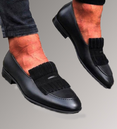 Handmade Trendy Men Black Penny Loafer Fringe in Genuine Leather For Men