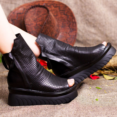 Retro Style Cut Outs Platform Women Ankle Boots Peep Toes Genuine Leather Shoes Woman Summer Cool Boots Double Zip S-490