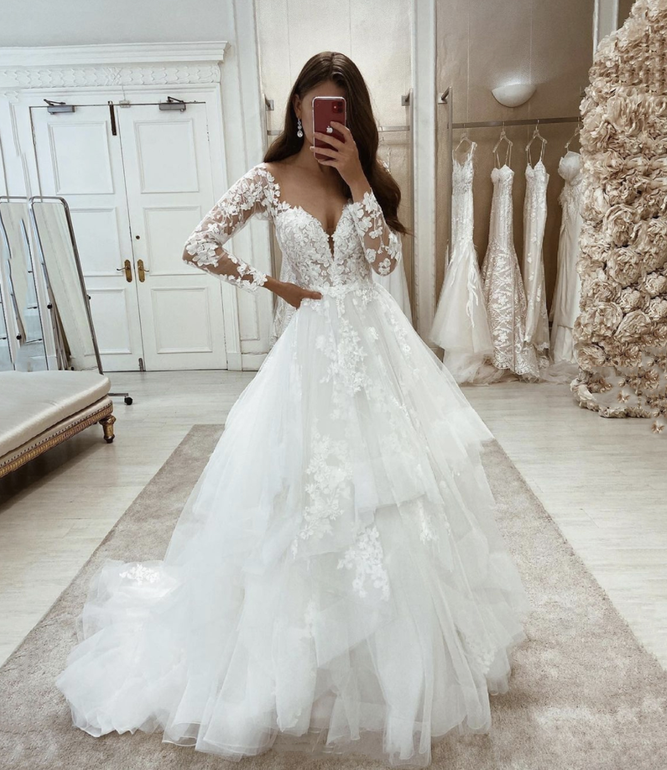 White lace long A line prom dress white evening dress