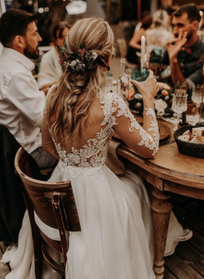 Long Sleeves V Neck Wedding Dresses Bridal Gown