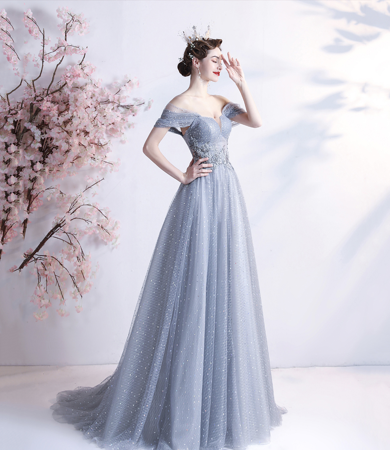 Gray tulle long A line prom dress gray evening dress
