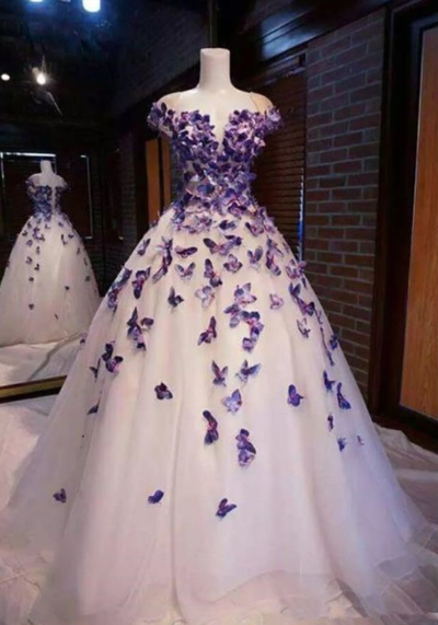 Princess Purple Butterfly Appliques Ball Quinceanera Dress Sweet 16 Gown