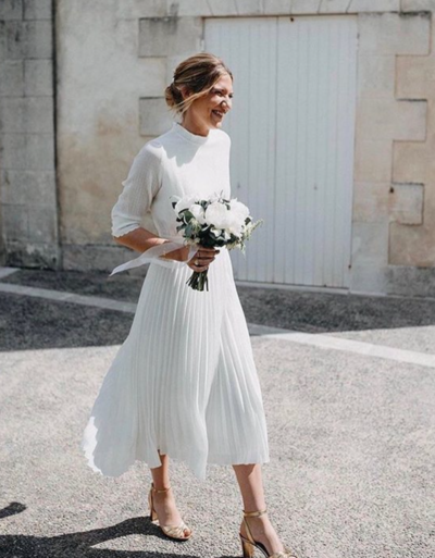 Simple High Neck Tea Length Chiffon Pleated Open Back Prom Dress Women Bridal Gowns