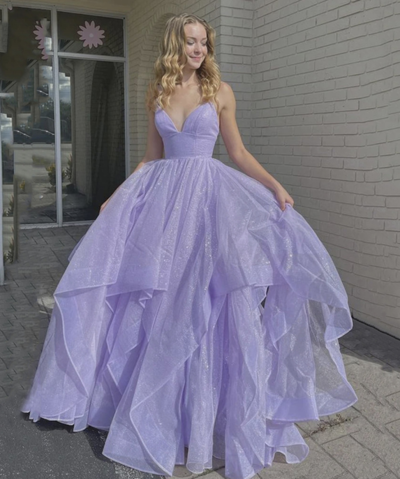 Spaghetti straps Lilac tulle v neck long prom dress