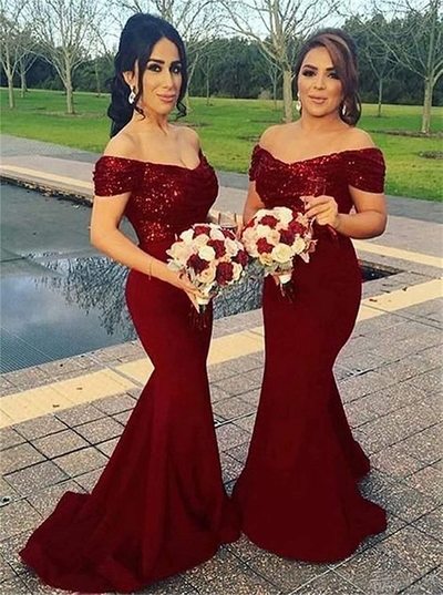SP1552,Off Shoulder Mermaid Dark Red Bridesmaid Dresses with Sequins