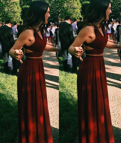 SP1560,burgundy two pieces long prom dress,burgundy evening dress