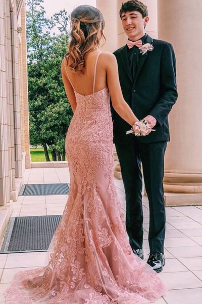 SP1565,Spaghetti-straps Mermaid Lace Pink Prom Dresses Graduation Gown