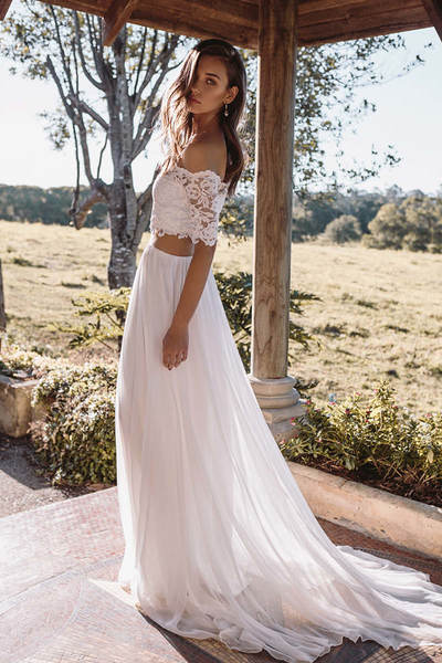 SP1581,Boho Two Piece Off the Shoulder Lace Chiffon Beach Wedding Dresses