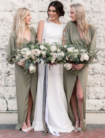 Casual V Neck Boho Olive Green Bridesmaid Dresses for Wedding Party