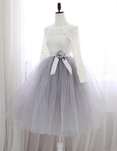 Long Sleeve Gray lace short prom dress,evening dress