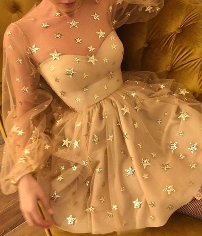 SP1604,Champagne Starry Homecoming Dresses,Long Sleeves Mini Graduation Dress