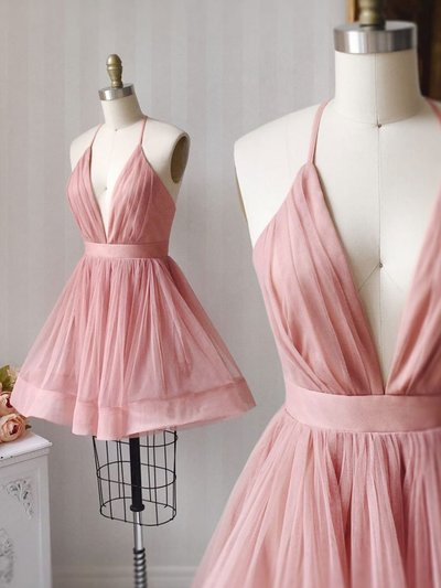 SP1609,A Line V Neck Short Pink Tulle Prom Dresses, Short Pink Tulle Formal Homecoming Dresses