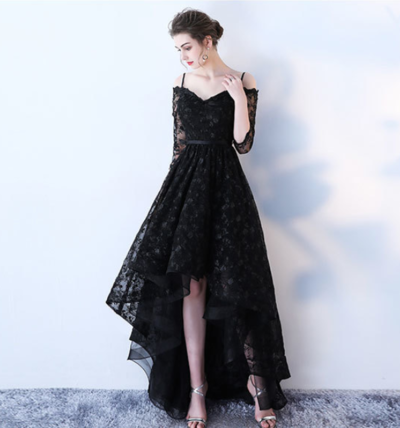 High Low Black lace prom dress, evening dress