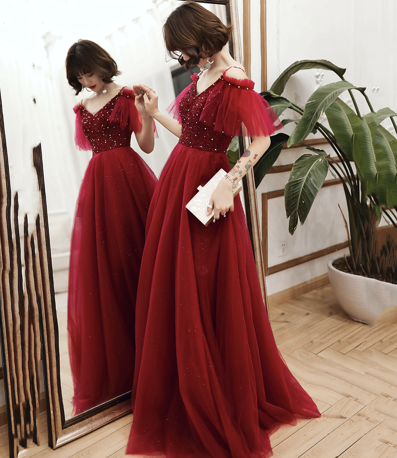 Burgundy tulle beads long A line prom dress evening dress