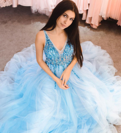 Sexy Blue v neck tulle beading long prom dress, evening dress