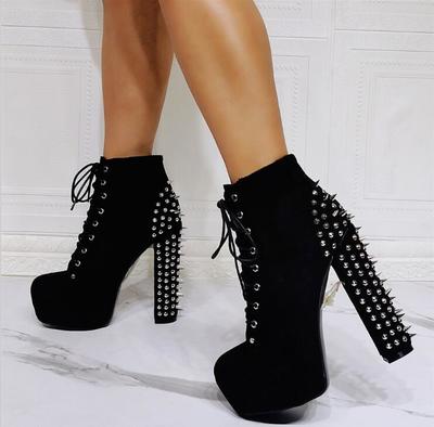 Studded thick heel fashion super high heel women's short boots S-539