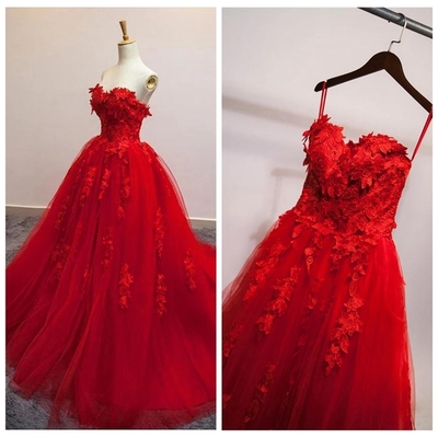 Elegant Evening Gowns Sweetheart Tulle Red Evening Dresses Lace Appliques Sweep Train Maternity Evening Dresses Cheap Lace Up Back,834