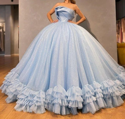Sparkly Ball Gown Prom Dresses Strapless Puffy Evening Gowns Ruffles Formal Party Dress,1034