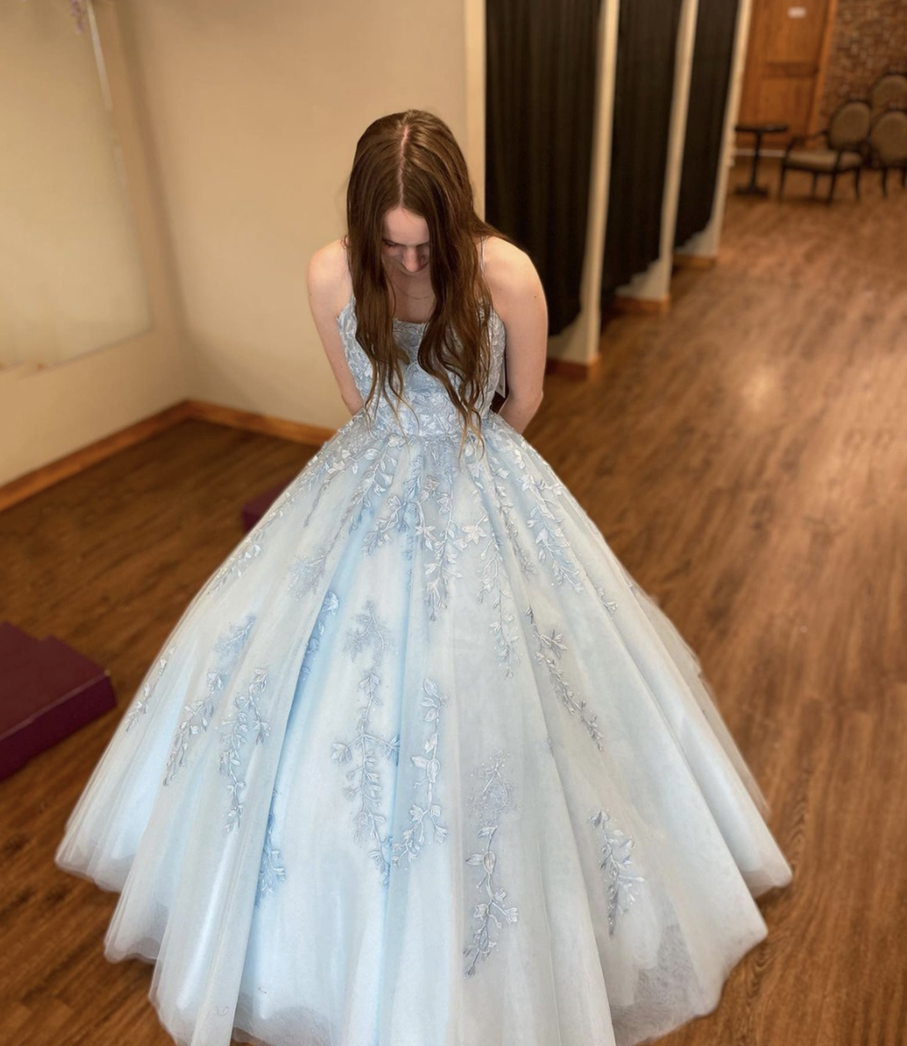 Blue tulle lace long A line prom dress evening dress