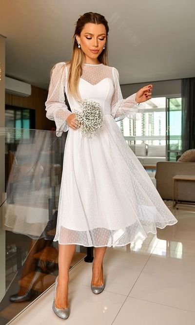 Elegant A-Line Long Sleeve Tea Length Wedding Guest Dresses Evening Party Dresses