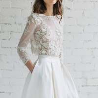 Charming Two Piece Long Sleeve Satin Beaded Wedding Dresses with Pockets - Thumbnail 1