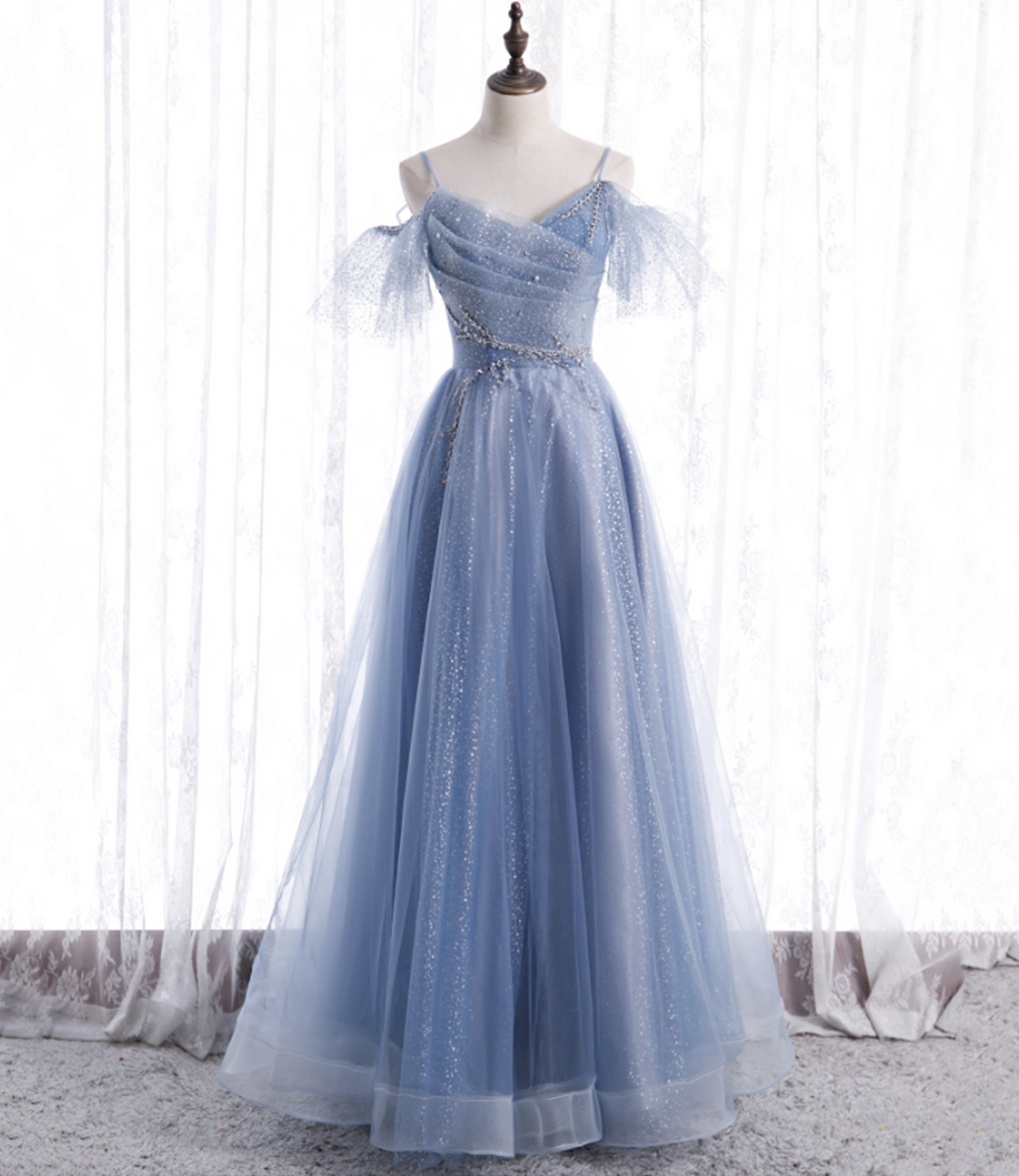 Blue tulle long A line prom dress fashion dress