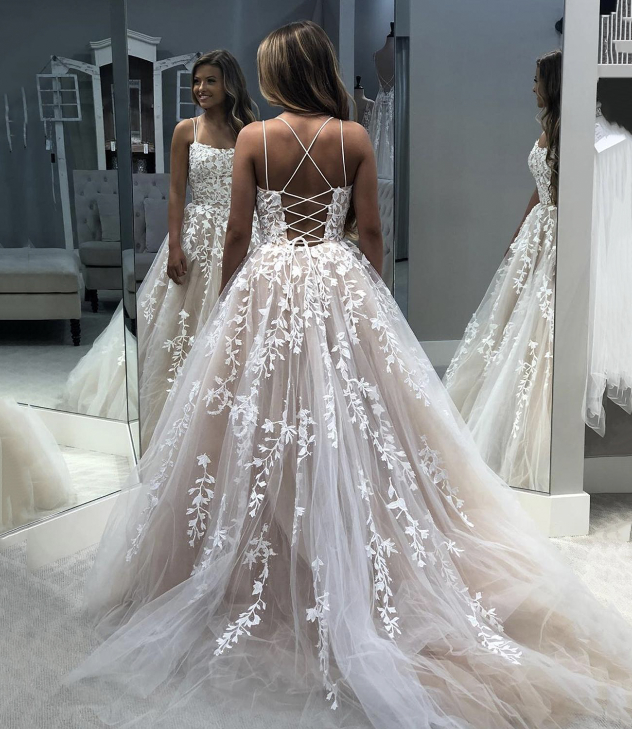 Cute lace long A line prom dress evening dress