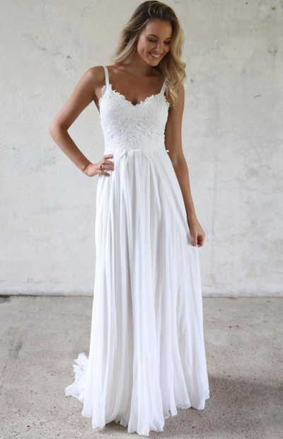 Elegant A-Line Open Back Lace Beach Wedding Dresses