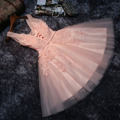 Cute pink short prom dress, lace homecoming dress, bridesmaid dress