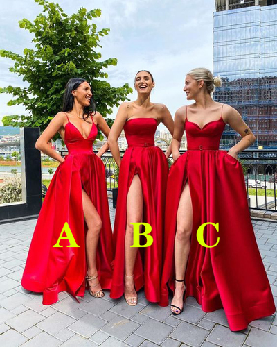 A-Line Red Satin Side Slit Long Prom Evening Dresses